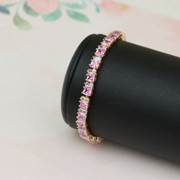 "Rose Gold Tennis Bracelet with Pink Square CZ Stones, Elegant Design, XPBL0740 - Picture 6 of 12